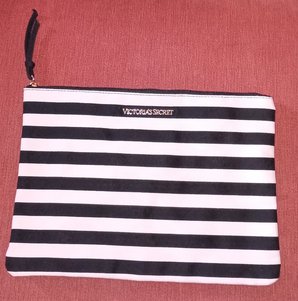 Victoria's Secret Pink Black Stripped Canvas Zip Cosmetic Bag